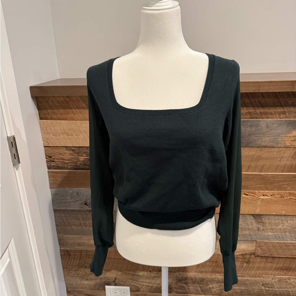 APRICOT Forest Green Knit Top with Sheer Sleeves